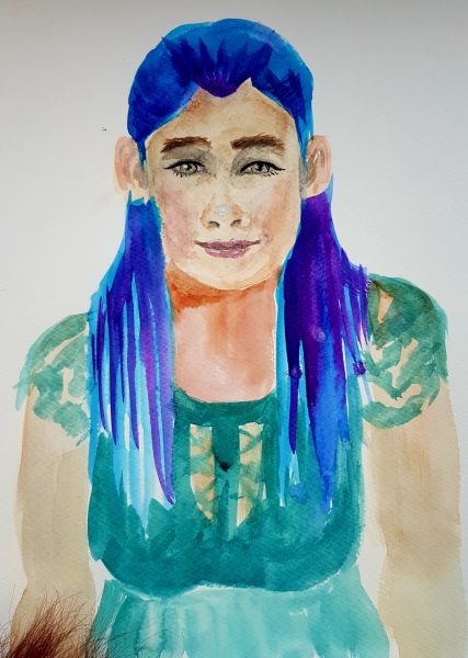 Painting of a person with blue/purple hair and a green dress