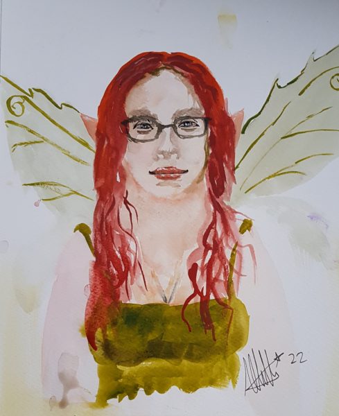 Painting of a person with red hair, glasses, a green dress and fairy wings