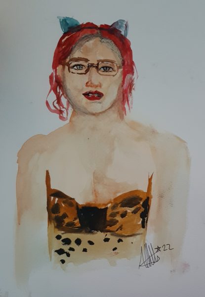 Painting of a person with red hair, glasses, blue cat ears and a 'spotted cat' pattern top