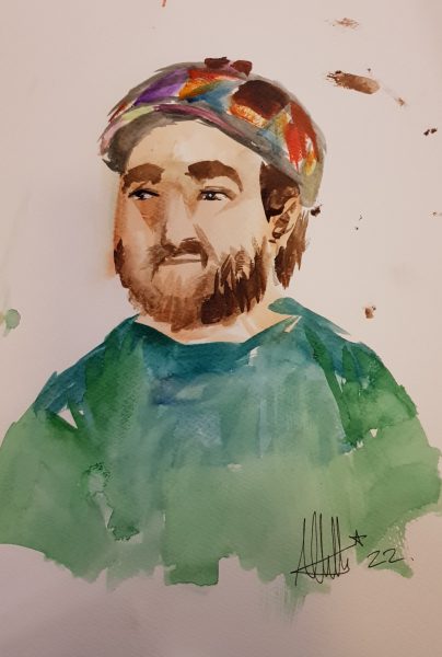Painting of a person with brown hair, beard and moustache, multicoloured cap and a blue/green top