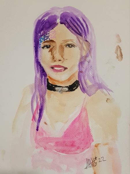 Painting of a person with purple hair, blue/purple/pink face paint, black collar and a pink dress