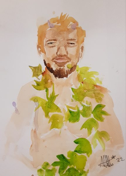Painting of a person with orange hair, brown beard and moustache and fawn-style horns, wearing ivy