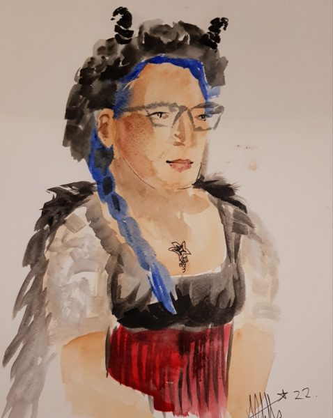 Painting of a person with black and blue hair, glasses, black horns and feathered angel wings, and a black and red top