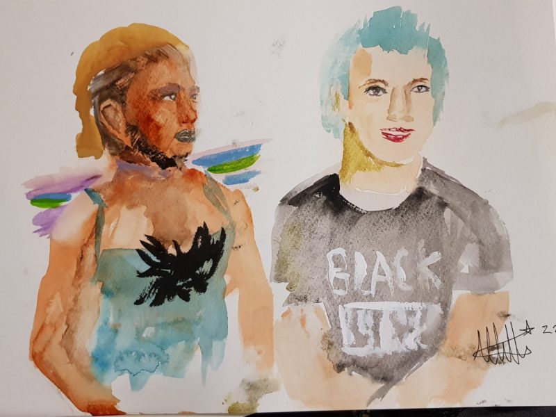 Painting of two people. One has orange hair and a beard, rainbow wings and a blue dress with black feathers. The other has blue hair and a black t-shirt.