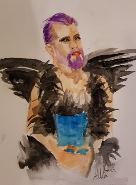 Painting of a person with purple hair, moustache and beard, Black feathered wings and a blue corset with black feathered trimmings.