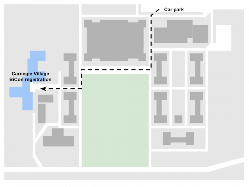 Map showing the route from the car park to BiCon registration